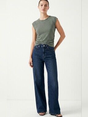 On 34th Striped Cap-Sleeve Top in Olive and White Ruched On Sides - TOP ONLY-